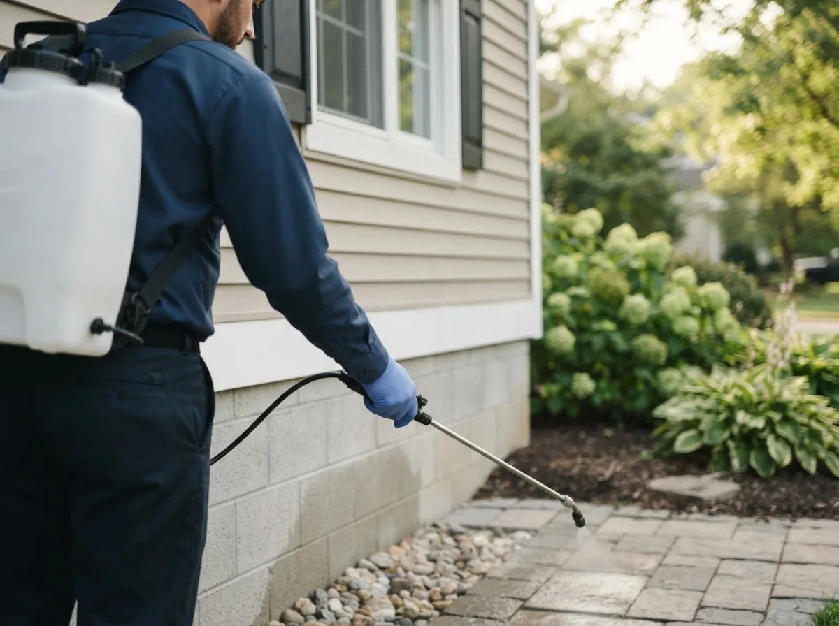 Pest control technician inspecting a home in Flushing, MI